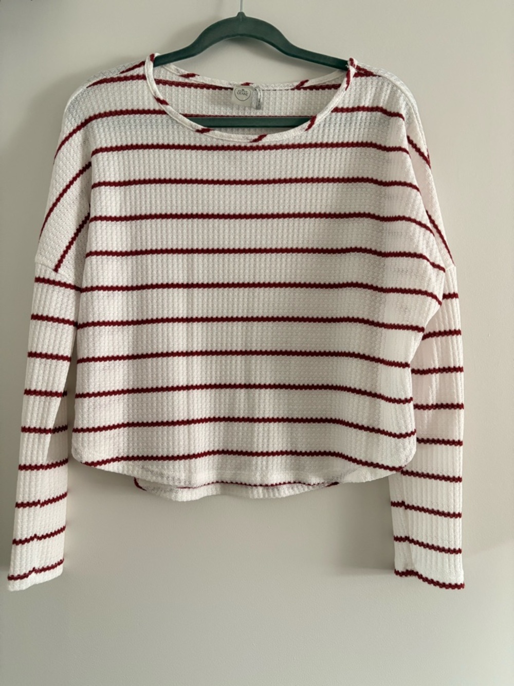 Paper Crane White Waffle Knit Top with Burgundy Stripes